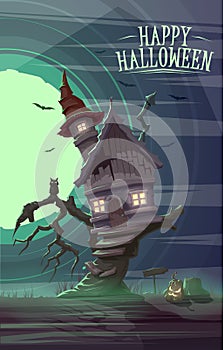 Spooky old house of witch on the tree. Happy Halloween cardposter