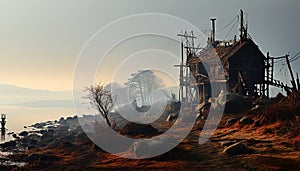 Spooky old ruin, abandoned hut, nature destruction at dusk generated by AI