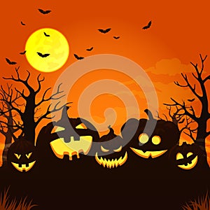 Spooky orange night background with full moon, clouds, bats, bare trees and five glowing pumpkins.