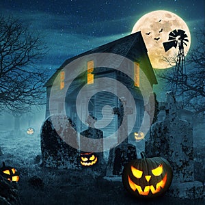 Spooky pumpkins with full moon, dark forest, cemetery and scary old house with light. Happy Halloween design background.