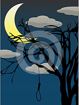 Spooky Quarter Moon bare tree hanging noose