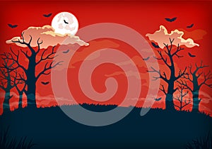 Spooky red and dark blue night background with full moon, clouds, bare trees and bats.