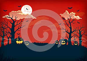 Spooky red and dark blue night background with full moon, clouds, bare trees, bats and pumpkins.