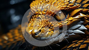 Spooky reptile portrait, dangerous viper with horned markings and fangs generated by AI