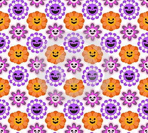 Spooky retro daisy flower with pumpkin style scary funny silly carved face with smile. Groovy retro y2k Halloween