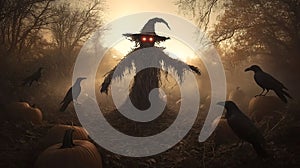 Spooky Scarecrow in a Pumpkin Patch with Crows
