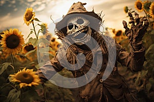 A spooky scarecrow in a sunflower field, with a ghost smile and outstretched arms, exuding a sense of horror charm. Generative Ai