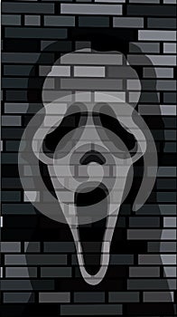 Spooky scream mask on dark brick wall background