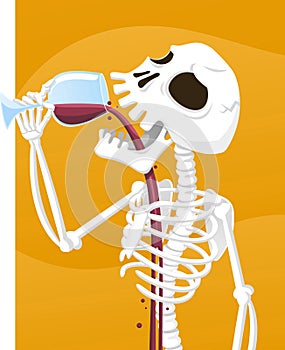 Spooky skeleton drinking wine