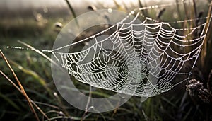 Spooky spider spins abstract web, dew drops glisten in sunlight generated by AI