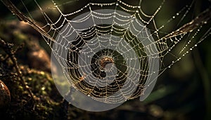 Spooky spider web captures dew drops in autumn forest meadow generated by AI