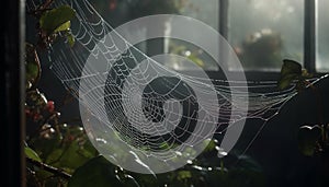 Spooky spider web traps dew drop on autumn leaf outdoors generated by AI
