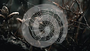 Spooky spider web traps dew drops in autumn forest background generated by AI