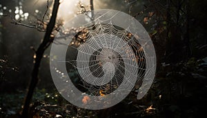 Spooky spider web traps dew drops in autumn forest macro generated by AI