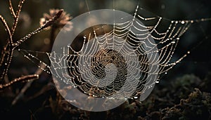 Spooky spider web traps dew drops in autumn forest meadow generated by AI