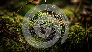 Spooky spider web traps dew drops in autumn forest meadow generated by AI