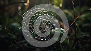 Spooky spider web traps dew drops in autumn forest meadow generated by AI