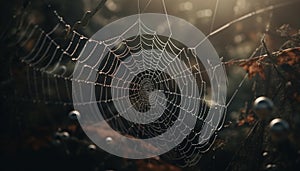 Spooky spider web traps dew drops in autumn generated by AI