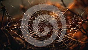 Spooky spider web traps dew drops beautifully generated by AI