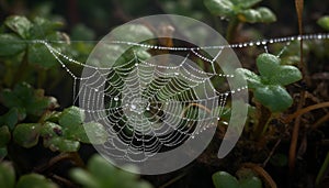 Spooky spider web traps dew drops, beauty in nature danger generated by AI