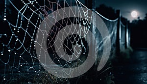 Spooky spider web traps dew drops in the dark forest generated by AI