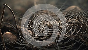 Spooky spider web traps dew drops in intricate autumn pattern generated by AI