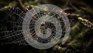 Spooky spider web traps dew drops in nature intricate pattern generated by AI