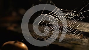 Spooky spider web traps dew drops outdoors generated by AI