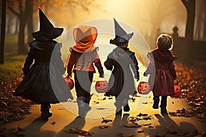 Spooky Squad Back View Group of Kids with Halloween Costumes Walking to Trick or Treating. created with Generative AI