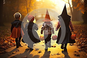 Spooky Squad Back View Group of Kids with Halloween Costumes Walking to Trick or Treating. created with Generative AI