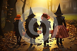 Spooky Squad Back View Group of Kids with Halloween Costumes Walking to Trick or Treating. created with Generative AI