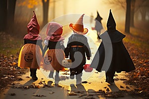 Spooky Squad Back View Group of Kids with Halloween Costumes Walking to Trick or Treating. created with Generative AI