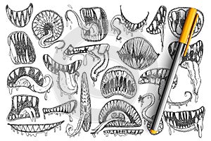 Spooky teeth and mouth doodle set