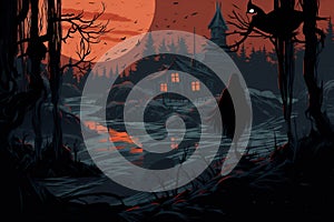 Spooky trees background forest house illustration horror sky landscape fantasy night dark