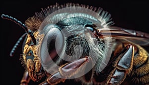 Spooky wasp portrait on black background, extreme close up focus generated by AI