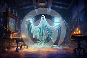 Spooky white veiled ghost in a room of a mansion lit by candles. Cartoon illustration, generative AI