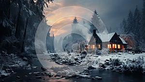 Spooky winter night abandoned cottage, mysterious forest, snowy landscape generated by AI