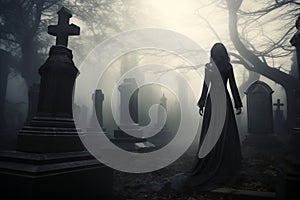 Spooky woman vampire standing at misty graveyard. Generative AI