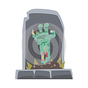 Spooky Zombie Bony Hand Peeped out from Tomb Vector Illustration