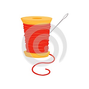 Spool of bright red threads and silver needle. Sewing accessories. Dressmaking theme. Flat vector icon