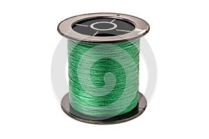 Spool of green cord isolated on white background. Spool of braid