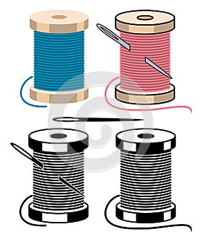 Spool icons with sewing needle and thread. vector