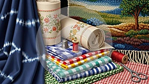 Spool of red thread, a silver thimble, scissors, and a needle with red thread