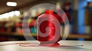 A spool of red thread on a table, AI