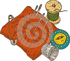 Spool of Thread, Button, Thimble, Needles, and