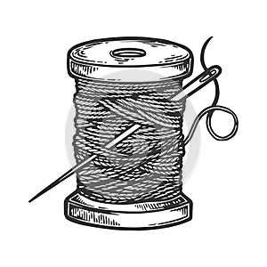 Spool of thread and needle engraving vector photo