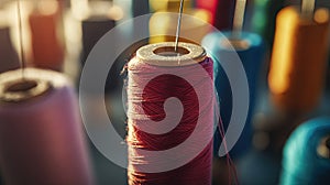 Spool of thread with needle isolated on white background
