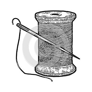 Spool of thread with a needle. Scratch board imitation. Black and white hand drawn image.