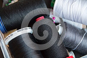 Spool of Thread and Needle, red spool of thread mounted on the sewing machine