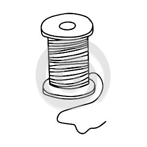 Spool of thread for needlework and sewing. Black and white vector illustration isolated on a white background.